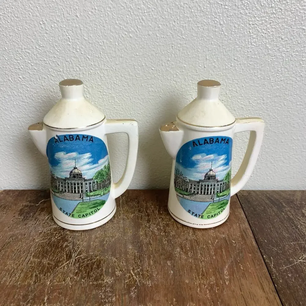 Vintage ceramic coffee pot‎ pitcher gold accent Alabama Salt & Pepper Shakers